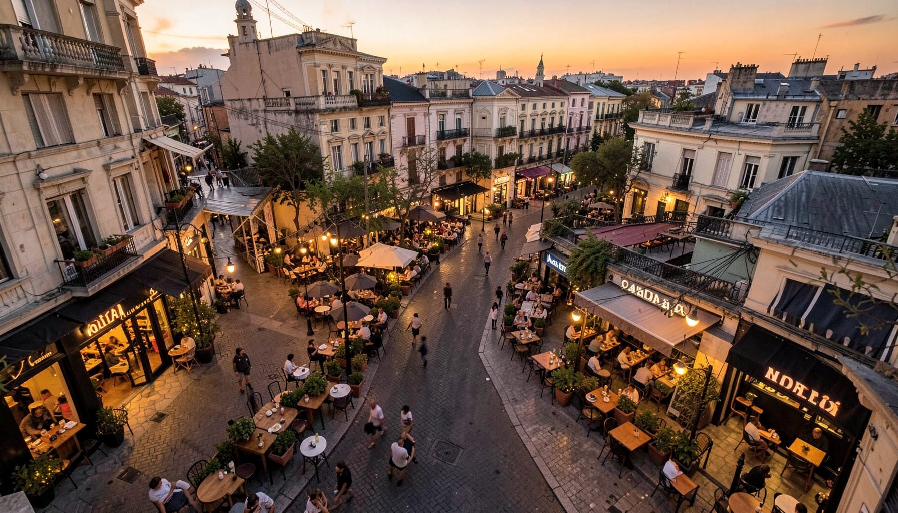 Vista aérea de una calle urbana con restaurantes y terrazas iluminadas al atardecer, tonos cálidos y dorados