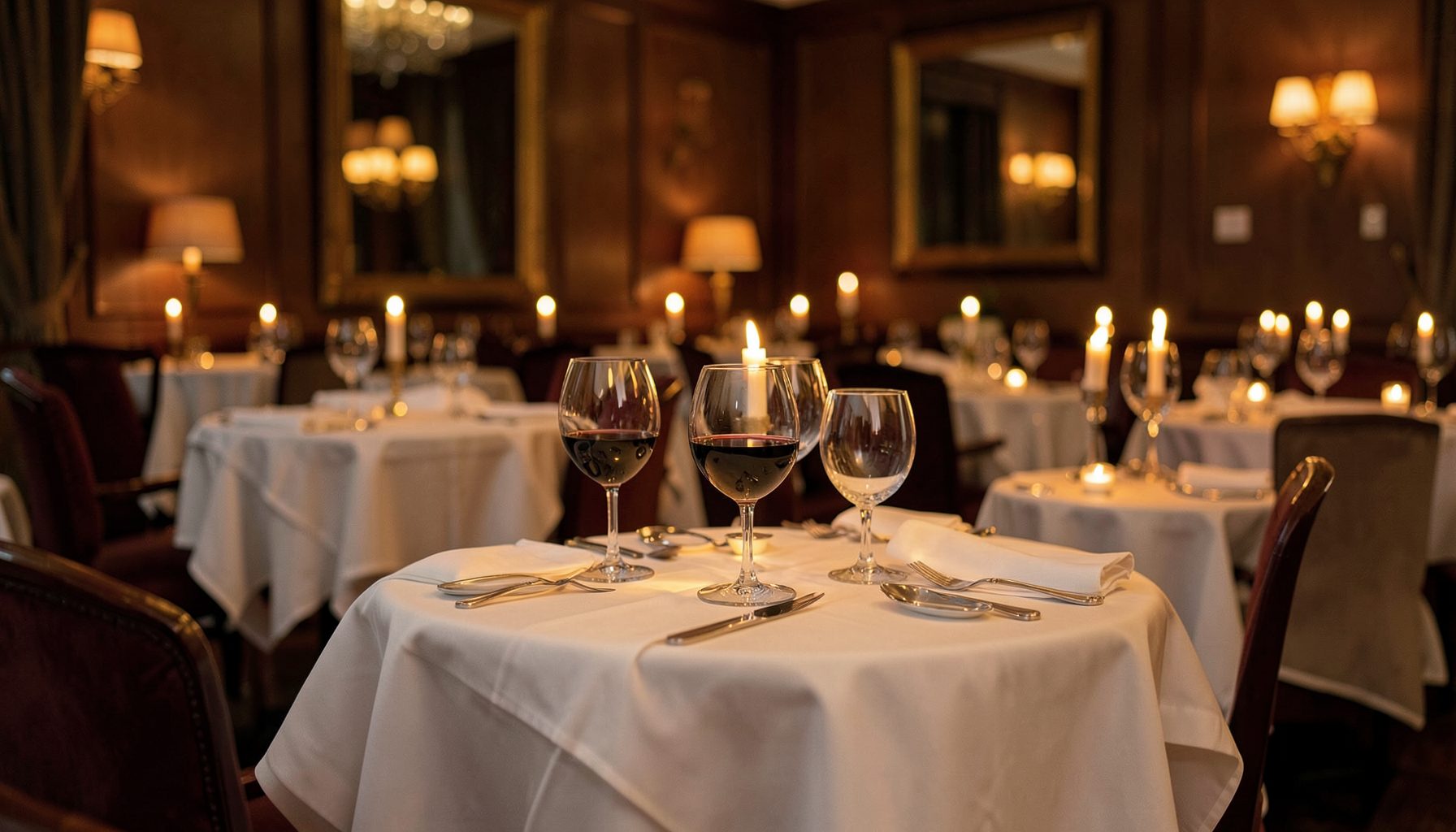 Restaurante elegante con mesas vestidas, copas de vino y luz de velas en un ambiente cálido y acogedor