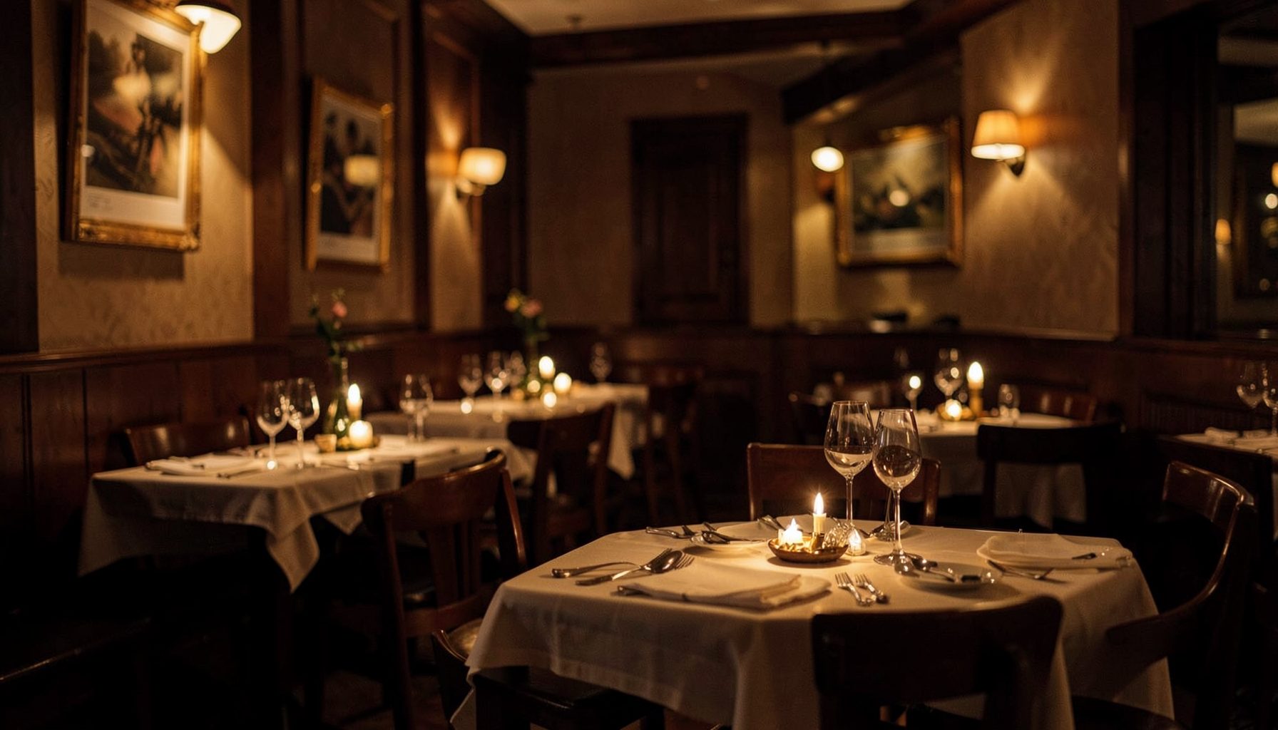Elegante comedor con paneles de madera oscura, manteles blancos y luz cálida de velas