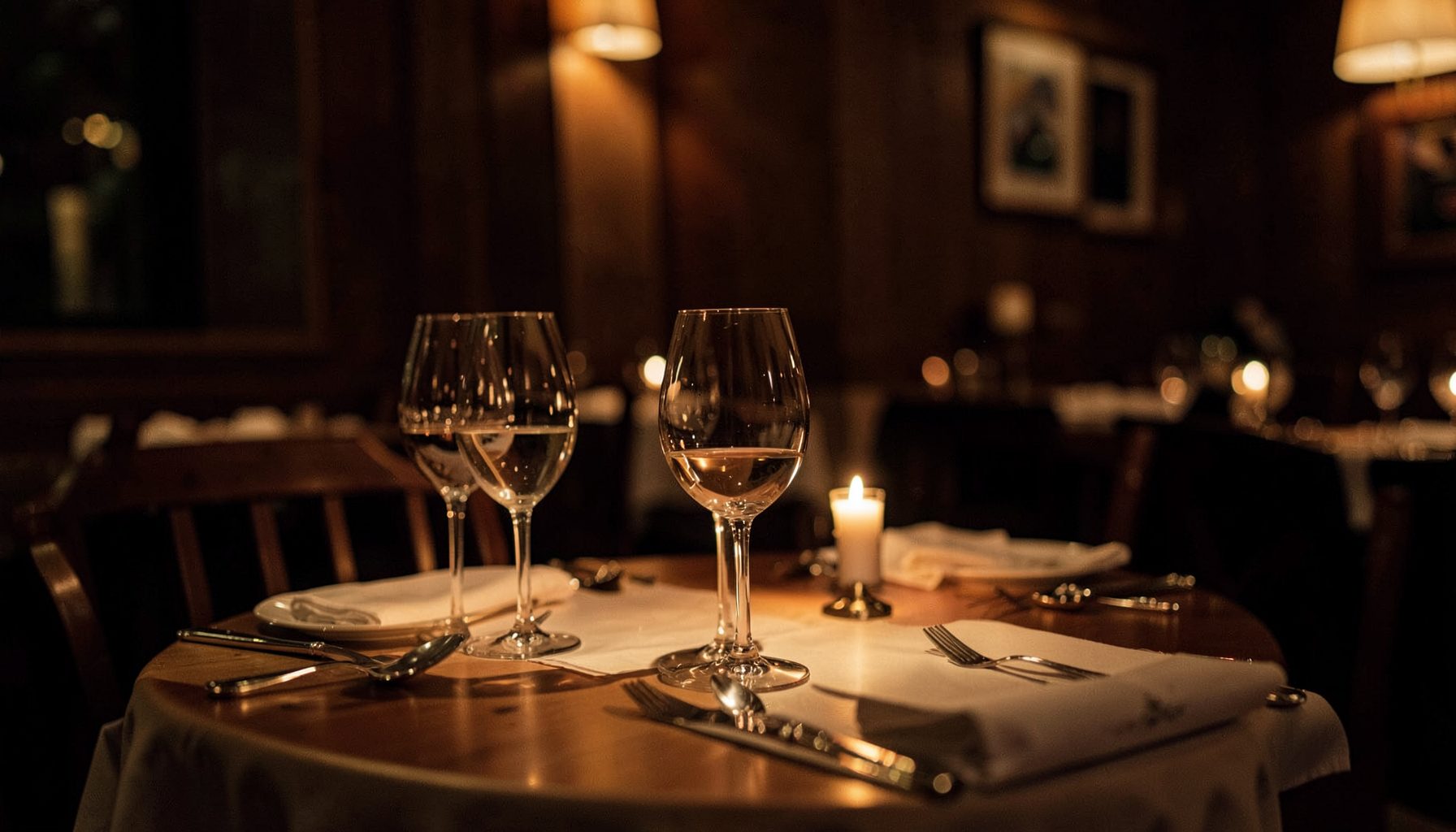 Mesa de restaurante servida de cerca con copas de vino, una vela y cubiertos en un ambiente cálido y tenue